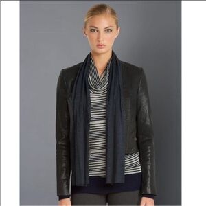 BCBG MaxAzria Gray Cropped Leather Jacket With Attached Navy Scarf